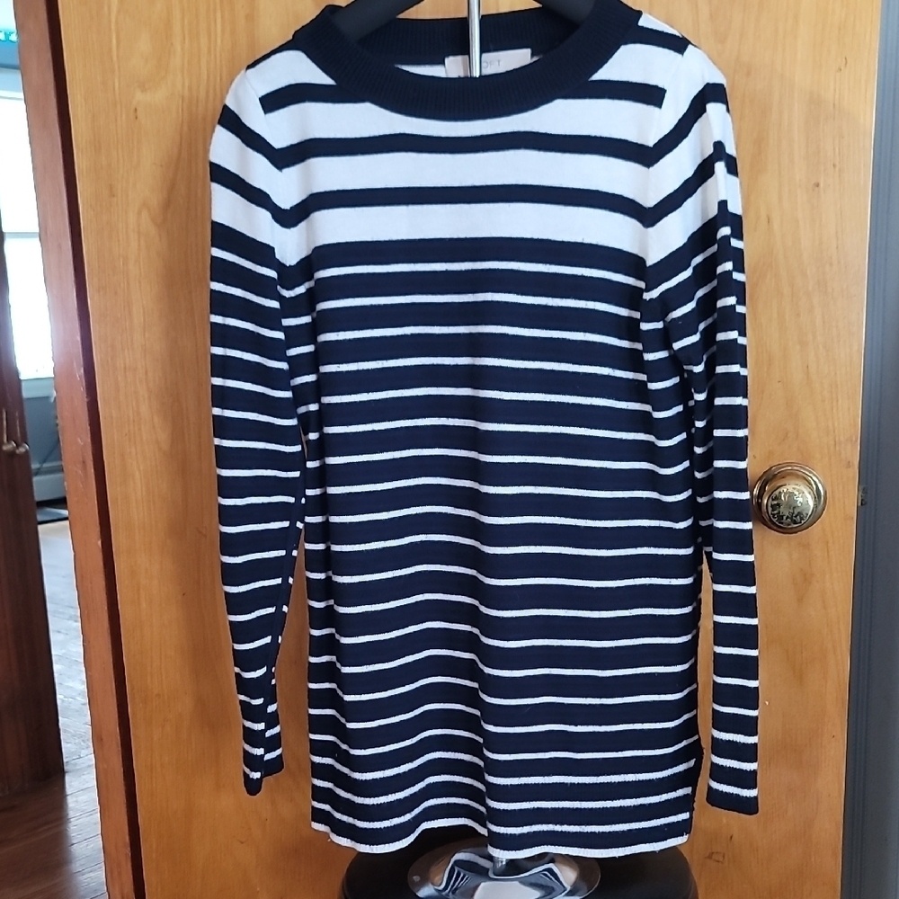 LOFT Black and White Striped Crew Neck Sweater